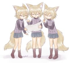 Rule 34 | 3girls, animal ear fluff, animal ears, artist name, blonde hair, boots, brown footwear, clone, closed eyes, grey skirt, hashtag-only commentary, highres, holding, holding paper, kigidere, long sleeves, miniskirt, multiple girls, paper, plaid clothes, plaid sweater, pleated skirt, pointing, purple sweater, short hair, signature, simple background, skirt, standing, sweater, tail, turtleneck, turtleneck sweater, urotsuki, white background, wolf ears, wolf girl, wolf tail, yume 2kki