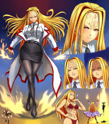 1girl arch-vile black_necktie black_pantyhose black_skirt blonde_hair bra breasts coat demon_girl doom_(series) doom_ii hair_intakes high_heels highres lab_coat large_breasts long_hair long_sleeves miniskirt necktie open_clothes open_coat panties pantyhose parted_bangs pencil_skirt personification pointy_ears red_bra red_eyes red_panties red_streaks reference_inset shirt sidelocks skirt slit_pupils stethoscope_around_neck substance20 underwear very_long_hair white_coat white_shirt