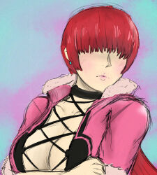 1girl breasts cleavage cleavage_cutout clothing_cutout curvy earrings female_focus fishnets fluffy huge_breasts jacket jewelry large_breasts lemonchello long_hair pale_skin ponytail red_hair shermie_(kof) the_king_of_fighters