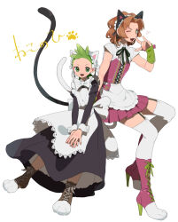 2boys animal_ear_hairband animal_ears apron black_dress boots brown_hair burgh_(pokemon) cat_ear_hairband cat_ears cilan_(pokemon) crossdressing dress fake_animal_ears fake_tail fingerless_gloves garter_straps gloves green_eyes green_hair hairband high_heel_boots high_heels maid male_focus male_maid miyawaki multiple_boys nintendo open_mouth pokemon pokemon_bw short_hair tail thigh_boots white_apron