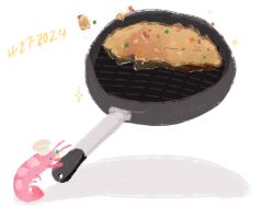 animalization bocchi_the_rock! bocchidaily chef_hat commentary cooking cube_hair_ornament dated english_commentary food food_focus fried_rice frying_pan gotoh_hitori hair_ornament hat highres holding holding_frying_pan meme no_humans shrimp shrimp_fried_this_rice_(meme) simple_background solo sparkle white_background