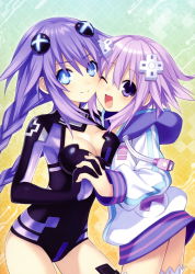 10s 2girls ;d armpits artist_name asymmetrical_docking blue_eyes blush braid breast_press breasts bright_pupils cheek-to-cheek circuit_board cleavage cleavage_cutout closed_mouth clothing_cutout cowboy_shot d-pad diagonal_stripes double_vertical_stripe drawstring dual_persona female_focus flat_chest from_side gloves gradient_background grid hair_between_eyes hair_ornament happy heads_together holding_hands hood hood_down hoodie interlocked_fingers lace lace-trimmed_legwear lace_trim leotard light_purple_hair light_smile long_hair long_sleeves looking_at_viewer looking_back medium_breasts multiple_girls neptune_(neptunia) neptune_(series) official_art one_eye_closed open_mouth power_symbol power_symbol-shaped_pupils purple_hair purple_heart_(neptunia) short_hair sidelocks smile standing striped symbol-shaped_pupils thighhighs transparent tsunako turtleneck twin_braids usb very_long_hair yuri