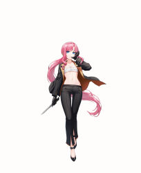 Rule 34 | 1girl, biting, biting glove, black gloves, black jacket, black pants, black shoes, blue eyes, chest sarashi, closers, collarbone, dagger, full body, gloves, hand up, highres, holding, holding dagger, holding knife, holding weapon, jacket, knife, long hair, long sleeves, looking at viewer, low ponytail, navel, official art, open clothes, open jacket, pants, pink hair, ponytail, sarashi, seulbi lee, shoes, simple background, solo, stomach, v-shaped eyebrows, very long hair, weapon, white background