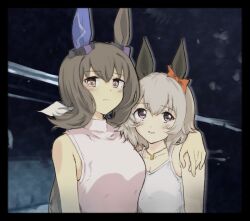 2girls admire_vega_(umamusume) animal_ears arm_around_shoulder balladeluce black_border blush border bow breasts brown_hair cleavage collarbone commentary_request cosplay curren_chan_(umamusume) ear_bow ear_covers hair_ribbon hand_on_another&#039;s_shoulder highres horse_ears horse_girl initial_d jewelry looking_at_viewer looking_up low_ponytail medium_breasts multiple_girls necklace open_mouth orange_bow pink_eyes pink_shirt ponytail purple_eyes ribbon satou_mako satou_mako_(cosplay) sayuki_(initial_d) sayuki_(initial_d)_(cosplay) shirt single_ear_cover sleeveless sleeveless_shirt smile umamusume white_ribbon