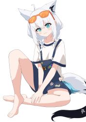 Rule 34 | 1girl, ahoge, animal ear fluff, barefoot, blush, braid, extra ears, eyewear on head, feet, fox girl, fox tail, full body, hair between eyes, highres, hololive, hololive gamers, holonatsu paradise, knee up, long hair, looking at viewer, official alternate costume, shirakami fubuki, shirakami fubuki (holonatsu paradise), shirt, short sleeves, sidelocks, simple background, sitting, solo, sunglasses, tail, toes, twin braids, u kome, virtual youtuber, white background, white hair, white shirt