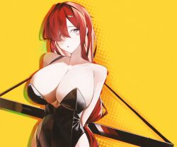 1girl absurdres alternate_breast_size arm_sling black_leotard breasts character_name grey_eyes hair_over_one_eye highres holding holding_behind_back holding_weapon_behind_back large_breasts leotard limbus_company long_hair one_eye_covered open_mouth project_moon red_hair simple_background two_strongtiger worried yellow_background yuri_(project_moon)