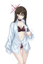 1girl absurdres alternate_costume black_choker blue_archive bra brown_hair choker closed_mouth ear_piercing embroidered_bra embroidered_panties geodaemulgogi hair_behind_ear hair_between_eyes highres long_hair long_shirt looking_at_viewer misaki_(blue_archive) navel no_pants open_clothes open_shirt panties piercing purple_bra purple_panties red_eyes sidelocks single_sleeve_past_fingers smile solo stomach underwear