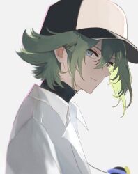 1boy alternate_hair_length alternate_hairstyle baseball_cap black_shirt blue_eyes closed_mouth collared_shirt commentary green_hair hair_between_eyes hat highres jewelry lapels looking_to_the_side male_focus n_(pokemon) necklace nintendo pokemon pokemon_bw ringosan2329 shirt sideways_glance simple_background smile solo white_background white_shirt wing_collar