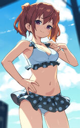 1girl alice_gear_aegis ass bikini bikini_skirt black_skirt breasts brown_eyes brown_hair cleavage cloud day gluteal_fold hand_on_own_chest hand_on_own_hip highres kimikage_yui long_hair microskirt navel om_(nk2007) outdoors revision skirt sky small_breasts smile solo swimsuit thighs twintails white_bikini