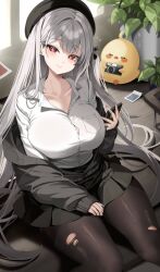 +_+ 1girl azur_lane beret black_hat black_pantyhose collared_shirt commentary cross-shaped_pupils grey_hair hat long_hair official_alternate_costume pantyhose red_eyes sayan scylla_(azur_lane) scylla_(femme_fatale_fresher)_(azur_lane) shirt smile solo symbol-shaped_pupils torn_clothes torn_pantyhose