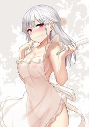 1girl apron bad_id bad_pixiv_id batter blush breasts cccpo cleavage closed_mouth collarbone covered_erect_nipples covered_navel female_focus frilled_apron frills hair_ornament half_updo hands_up holding long_hair looking_at_viewer medium_breasts naked_apron navel nipples original red_eyes see-through_clothes solo standing white_apron white_hair