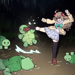 1girl @_@ absurdres ahoge ai-generated_art_(topic) alligator_kick_(meme) arm_up blue_eyes blue_skirt bow brown_footwear brown_hair cardigan clenched_hands dreamplanes face_down green_hoodie hair_ornament hair_ribbon heart heart_hair_ornament highres hood hood_up hoodie in_the_face indie_virtual_youtuber jacket kicking long_hair long_sleeves meme neuro-sama night outdoors red_ribbon ribbon sailor_collar school_uniform shoes skirt turtle two_side_up upside-down vedal987 virtual_youtuber yellow_cardigan