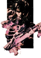 1boy absurdres black_background closed_mouth facing_viewer gun highres holding holding_gun holding_weapon long_hair male_focus metal_gear_(series) metal_gear_solid_2:_sons_of_liberty official_art optical_sight pump_action raiden_(metal_gear) serious shinkawa_youji shotgun simple_background sneaking_suit two-handed two-tone_background weapon white_background