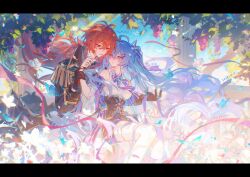 1boy 1girl absurdres ahoge bare_shoulders blue_eyes blue_hair bow breasts diluc_(genshin_impact) genshin_impact gloves hair_between_eyes hair_ornament hetero highres laobaijintian_buhuahua long_hair long_sleeves looking_at_another oc_x_canon original ponytail red_eyes red_hair shirt thighhighs