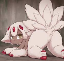 1girl all_fours animal_ears animal_feet animal_hands blush brown_background brown_eyes claws closed_mouth dark-skinned_female dark_skin extra_arms faputa fewer_digits from_behind highres kionant looking_at_viewer looking_back made_in_abyss monster_girl multiple_tails solo tail tail_raised