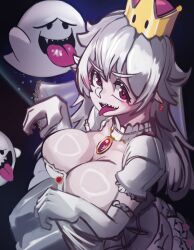 1girl absurdres boo_(mario) breasts crown dress ghost highres large_breasts long_hair looking_at_viewer luigi&#039;s_mansion mario_(series) moxydraws new_super_mario_bros._u_deluxe nintendo princess_king_boo red_eyes shiny_skin tongue white_hair