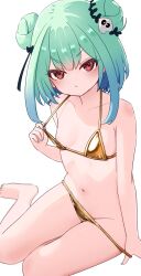 1girl absurdres bare_arms bare_legs bare_shoulders barefoot bikini bikini_bottom_pull bikini_top_pull blue_nails breasts collarbone commentary double_bun frown gold_bikini green_hair hair_between_eyes hair_bun hair_ornament highres hololive looking_at_viewer medium_hair milk_tea_1993 nail_polish navel petite red_eyes simple_background sitting skull_hair_ornament small_breasts solo string_bikini swimsuit symbol-only_commentary uruha_rushia v-shaped_eyebrows virtual_youtuber white_background yokozuwari