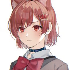 1girl :t aijou_karen animal_ears belt_collar blush bow bowtie brown_eyes brown_hair cat_ears cat_girl chromatic_aberration closed_mouth collar collared_shirt crown_hair_ornament extra_ears fang fang_out grey_jacket highres jacket kemonomimi_mode looking_away portrait red_bow red_bowtie school_uniform seishou_music_academy_uniform shirt short_hair shoujo_kageki_revue_starlight simple_background solo sorano_(azu_mine) white_background white_shirt