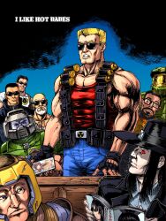 6+boys armor bald beard biceps black_gloves black_hair black_hat black_jacket blonde_hair blood_(game) blue_archive blue_eyes blue_pants book caleb_(blood) cellphone collarbone collared_shirt commentary deus_ex doom_(series) doomguy duke_nukem duke_nukem_(series) english_commentary english_text explosive facial_hair fingerless_gloves freedom_of_speech fuuka_(blue_archive) game_screenshot_inset glasses gloves gordon_freeman green_armor grenade grey_helmet grey_shirt half-life_(series) halo_(series) hat helmet highres holding holding_book holding_phone jacket jc_denton large_pectorals lo_wang male_focus master_chief multiple_boys muscular muscular_male pants pectorals phone quake_(series) ranger_(quake) reading red_eyes red_tank_top sam_stone serious_sam shadow_warrior shirt short_hair sitting smartphone standing substance20 sunglasses t-shirt tank_top teeth white_beard white_shirt yellow_helmet