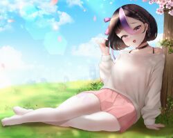 1girl absurdres artist_name black_choker black_hair blue_sky blush bob_cut bra_strap braid breasts casual cherry_blossoms cherry_tree choker cloud collarbone falling_petals fang goddess_of_victory:_nikke grass highres lens_flare looking_at_viewer medium_hair mole mole_under_eye no_shoes open_mouth pantyhose petals pink_skirt playing_with_own_hair pleated_skirt purple_eyes purple_hair reclining single_off_shoulder sitting skirt sky small_breasts solo star_(symbol) star_choker sweater syuen_(nikke) thighs white_pantyhose yomining