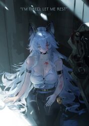 1girl absurdres against_wall arm_strap artist_name bare_shoulders black_horns black_pants blood blood_on_chest blood_on_face breasts cleavage closed_eyes collarbone commentary curled_horns cuts english_commentary english_text feet_out_of_frame grey_hair hair_between_eyes hand_on_own_thigh highres horns injury large_breasts lewdlily66 long_hair pants shield shirt shirt_tucked_in sitting solo thigh_gap torn_clothes torn_shirt very_long_hair white_shirt wuthering_waves zani_(wuthering_waves)