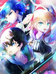 Rule 34 | 1girl, 2boys, aoyama kazuki, aqua eyes, arm up, ball, black hair, black jacket, black shirt, blonde hair, blue eyes, blue hair, crop top, earrings, floating hair, hanemina, hashtag-only commentary, highres, holding, holding ball, iroha tsuki, jacket, jewelry, kuronaka yo, long hair, looking ahead, looking at viewer, midriff, multicolored hair, multiple boys, open mouth, shirt, short hair, sleeveless, sleeveless jacket, smirk, tribe nine, two-tone hair, two side up, white hair