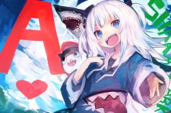1girl a_(phrase) absurdres bloop_(gawr_gura) blue_eyes blue_hair blunt_bangs catchphrase cloud gawr_gura gawr_gura_(1st_costume) great_white_shark hair_ornament hand_on_own_chest heart highres hololive hololive_english hood hoodie kaamin_(mariarose753) long_sleeves multicolored_hair open_mouth outdoors outstretched_hand shark sharp_teeth sky smile solo streaked_hair teeth two_side_up upper_body v-shaped_eyebrows virtual_youtuber white_hair