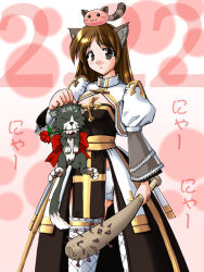 1girl animal_ears arch_bishop_(ragnarok_online) baseball_bat black_dress bow breasts brown_eyes cat_day cat_ears cat_girl cleavage cleavage_cutout closed_mouth clothing_cutout commentary_request cowboy_shot cross dated dress expressionless fishnet_thighhighs fishnets flower frilled_thighhighs frills holding holding_baseball_bat juliet_sleeves long_hair long_sleeves looking_at_viewer medium_breasts nail nail_(hardware) nail_bat panties poring puffy_sleeves ragnarok_online red_bow red_flower red_rose rose sash slime_(creature) solo tatsumi_ray thighhighs two-tone_dress underwear white_dress white_panties white_thighhighs wildrose yellow_sash