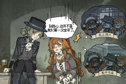 2girls :d ^^^ ascot black_boots black_coat black_hat black_pants black_vest blush boater_hat boots chinese_text coat collared_dress collared_shirt dress feet_out_of_frame green_eyes grey_background grey_cloak grey_eyes grey_hair grey_sleeves hair_bun hat high_collar highres imagining long_hair looking_at_another looking_to_the_side multiple_girls official_art on_chair on_table open_mouth orange_hair pants regulus_(reverse:1999) reverse:1999 shirt short_hair single_side_bun sitting smile sonetto_(reverse:1999) speech_bubble table thought_bubble translated vertin_(reverse:1999) vest white_ascot white_dress white_shirt