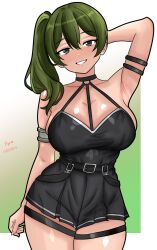Rule 34 | 1girl, arm behind back, arm strap, arm up, armpits, artist name, belt, belt buckle, black belt, black choker, black dress, border, breasts, buckle, choker, cleavage, collarbone, dated, dress, eyebrows hidden by hair, facing viewer, green background, green hair, highres, large breasts, long hair, looking at viewer, outside border, purple eyes, pyredraws, short dress, side ponytail, signature, silver armlet, smile, solo, sousou no frieren, standing, teeth, thigh strap, thighs, ubel (sousou no frieren), white border