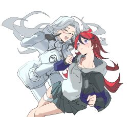 Rule 34 | 2girls, :d, absurdres, ahoge, aotsuki eito, black gloves, black streaks, blue eyes, blue jacket, chinese commentary, floating hair, genderswap, genderswap (mtf), glasses, gloves, grey background, grey hair, grey skirt, hand on own face, highres, hood, hoodie, jacket, jacket over hoodie, light blush, long hair, multicolored hair, multicolored jacket, multiple girls, open mouth, panties, pleated skirt, red hair, simple background, skirt, smile, streaked hair, sumino takumi, sweatdrop, teeth, the hundred line -last defense academy-, thigh strap, two-tone jacket, underwear, upper teeth only, white hoodie, white jacket, white panties, wonengzenmebanwoyehenjuewanga361