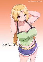 1girl arms_behind_head artist_name belt blush breasts brown_eyes cleavage denim denim_skirt gradient_background green_shirt hair_ornament hairclip highres large_breasts long_hair minasoko_3000m miniskirt navel orange_background parted_bangs rio_(summer_memories) shirt skirt smile solo standing summer_memories
