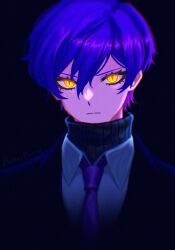 Rule 34 | 1boy, black background, black jacket, closed mouth, collared shirt, funnibunni, highres, jacket, lobotomy corporation, looking at viewer, male focus, necktie, project moon, purple hair, purple necktie, shirt, short hair, simple background, solo, sweater, turtleneck, turtleneck sweater, upper body, white shirt, yellow eyes, yesod (project moon)
