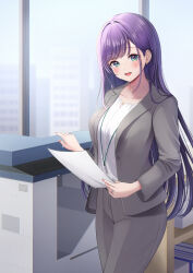 1girl :d blunt_bangs blush breasts collarbone commentary cowboy_shot formal_clothes green_eyes grey_jacket grey_pants hair_intakes highres holding holding_paper jacket lanyard large_breasts light_particles long_hair long_sleeves looking_at_viewer materu_(2532) office office_lady open_clothes open_jacket open_mouth original pant_suit pants paper photocopier printer purple_hair shelf shirt sidelocks smile solo straight_hair suit suit_jacket very_long_hair white_shirt window