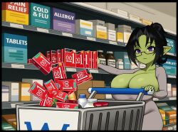 1girl beef breasts cleavage colored_skin commentary condom_box dongtan_dress dress female_goblin goblin green_skin grey_dress grimgrim groceries grocery_store highres huge_breasts large_ears long_pointy_ears meme_attire original pointy_ears purple_eyes scoop_neck shopping shortstack solo speech_bubble symbol-only_commentary taut_clothes taut_dress tight_clothes tight_dress