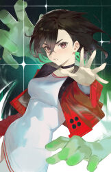 1girl absurdres ayase_momo black_choker brown_eyes brown_hair choker commentary cowboy_shot dandadan darr1o disembodied_hand dress dutch_angle earrings floating_hair hair_between_eyes highres jacket jewelry looking_at_viewer medium_hair outstretched_hand red_jacket solo white_dress
