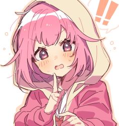 Rule 34 | !, !!, 1girl, blush, finger to mouth, hood, hood up, hooded jacket, hoodie, index finger raised, jacket, long sleeves, looking at viewer, miyamasuzaka girls&#039; academy school uniform, necktie, ootori emu, open mouth, outline, pink eyes, pink hair, pink jacket, project sekai, ra mntbti, sailor collar, school uniform, short hair, simple background, solo, speech bubble, spoken exclamation mark, sweat, upper body, white background