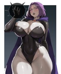 Rule 34 | 1girl, aged up, alternate breast size, black background, black leotard, border, breasts, cape, cleavage, cloak, colored skin, curvy, dc comics, ethan69 (anhuzart), forehead jewel, glowing, glowing eyes, grey skin, highleg, highres, huge breasts, large breasts, leotard, looking at viewer, purple cape, purple cloak, purple eyes, purple hair, raven (dc), short hair, sleeved leotard, solo, superhero costume, teen titans, thick thighs, thighs, white border, wide hips