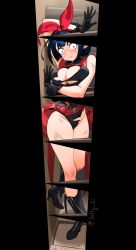 1girl absurdres arm_up bare_hips bare_legs bare_shoulders black_boots black_gloves black_leotard blue_eyes blue_hair blunt_bangs blush bob_cut booby_trap boots bow breast_rest breasts breasts_squeezed_together cape cleavage cleavage_cutout closed_mouth clothing_cutout dagger dark_blue_hair dirty dual_wielding dungeon elezen elf final_fantasy final_fantasy_xiv full_body gloves hair_bow heattech_leotard high_collar high_heel_boots high_heels highres holding indoors inverted_bob knee_boots knife large_breasts leotard medium_hair narrowed_eyes nervous original pointy_ears pouch red_cape robin_(violet_sears) sanpaku smile solo spikes standing standing_on_one_leg strap sweat torn_clothes turtleneck violet_sears warrior_of_light_(ff14) weapon wide_hips zipper_pull_tab