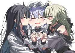 Rule 34 | 3girls, ahoge, biting, biting cheek, black gloves, black hair, blue eyes, blue hair, blue shirt, blush, closed eyes, coat, collared shirt, commentary, commission, cross-shaped pupils, de lacey (neural cloud), de lacey (pollen pulse) (neural cloud), english commentary, female professor (neural cloud), girls&#039; frontline, girls&#039; frontline neural cloud, gloves, green hair, highres, horns, hug, long hair, looking at another, maid, maid headdress, multiple girls, official alternate costume, open mouth, professor (neural cloud), purple eyes, rirua (kjom802), second-party source, shirt, simple background, smile, symbol-shaped pupils, undine (clumsy band&#039;s maid service) (neural cloud), undine (neural cloud), upper body, white background, white coat
