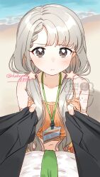 1boy 1girl beach blush camisole clothes_pull commentary_request formal_clothes grey_eyes grey_hair highres hisakawa_nagi idolmaster idolmaster_cinderella_girls long_hair looking_at_viewer low_twintails necktie pout pov producer_(idolmaster) shisui_(5830217) suit twintails water