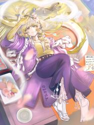 1girl absurdres arknights arm_up blonde_hair blue_hair blurry blurry_foreground braid chinese_commentary closed_mouth coat colored_extremities commentary_request cup dragon_girl dragon_horns dragon_tail drink earrings falling_petals feet flower food fruit_earrings full_body grey_eyes grey_hair hair_spread_out hand_on_own_stomach highres holding holding_flower horns jewelry light_smile long_hair looking_at_viewer lying mangmu_chi_yu multicolored_hair official_alternate_costume on_back open_clothes open_coat pants petals pink_coat pointy_ears purple_pants sakazuki sandals shawl shu_(arknights) shu_(spring_feast)_(arknights) single_bare_foot single_sandal solo sparkle streaked_hair tail tassel toes white_sandals white_shawl