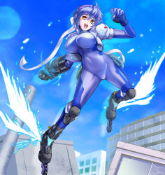1girl :d blue_bodysuit blue_hair blue_sky bodysuit breasts cloud commentary_request commission covered_navel cropped_jacket day full_body gauntlets hair_between_eyes headband highres impossible_bodysuit impossible_clothes inline_skates jacket kiyukisuke large_breasts looking_at_viewer lyrical_nanoha magical_girl mahou_shoujo_lyrical_nanoha_strikers numbers&#039;_uniform open_clothes open_jacket open_mouth orange_eyes outdoors roller_skates short_hair short_sleeves sidelocks single_gauntlet skates skeb_commission skin_tight sky smile solo subaru_nakajima teeth upper_teeth_only white_headband white_jacket