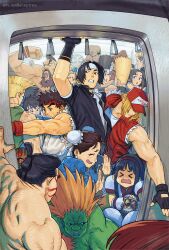 &gt;_&lt; 5girls 6+boys absurdres baseball_cap bird black_hair blanka blonde_hair brown_hair bun_cover cammy_white capcom capcom_vs_snk_2 chun-li closed_eyes colored_skin dhalsim e._honda eyepatch facial_hair fatal_fury fingerless_gloves gloves green_skin guile hair_bun hair_ribbon hand_grip hat hawk headband highres joe_higashi kasugano_sakura kusanagi_kyou legs m._bison mamahaha multiple_boys multiple_girls nakoruru nervous_smile nikaidou_benimaru open_door orange_hair pants ribbon ryu_(street_fighter) sagat samurai_spirits scared shaded_face shiranui_mai smile snk street_fighter terry_bogard the_king_of_fighters thighs train_interior wallace_pires yamazaki_ryuuji zangief