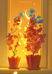 artist_name crescent_moon english_text evening flower flower_pot highres huhv. moon no_humans orange_theme original plant potted_plant scenery sunset watermark window