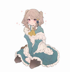 1girl apron between_legs black_pantyhose blue_dress blush brown_hair brown_shoes collared_dress dress frilled_apron frilled_dress frills full_body hair_between_eyes hand_between_legs ikeuchi_tanuma juliet_sleeves long_sleeves looking_at_viewer off_shoulder original pantyhose parted_lips puffy_sleeves red_eyes shoes simple_background sitting solo tino_ashberry twintails wariza white_apron white_background