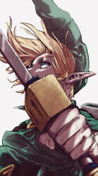 1boy absurdres blonde_hair commentary_request green_hat gus_uur hat highres holding holding_sword holding_weapon link long_pointy_ears looking_up male_focus nintendo pointy_ears simple_background solo sword the_legend_of_zelda the_legend_of_zelda:_majora&#039;s_mask weapon white_background young_link