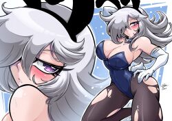 Rule 34 | 1girl, animal ears, black pantyhose, blue leotard, blush, breasts, cleavage, duel monster, elbow gloves, fake animal ears, gloves, grey hair, hair over one eye, highres, krausarts, large breasts, leotard, long hair, pantyhose, playboy bunny, purple eyes, rabbit ears, rabbit tail, signature, silent magician, tail, torn clothes, torn pantyhose, white gloves, yu-gi-oh!