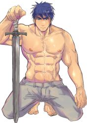 Rule 34 | 1boy, abs, absurdres, bara, barefoot, blue eyes, blue hair, commentary request, fire emblem, fire emblem: radiant dawn, hand on hilt, highres, ike (fire emblem), kamabokozin, large pectorals, looking at viewer, male focus, muscular, muscular male, navel, nintendo, nipples, pants, pectorals, short hair, simple background, solo, sword, topless male, weapon, white background