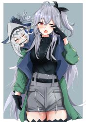 2girls ahoge akabeko123 arknights black_gloves black_thighhighs blush border chibi coat gloves green_coat grey_background grey_hair grey_shorts hair_between_eyes high-waist_shorts highres long_hair long_sleeves looking_at_viewer multiple_girls official_alternate_costume one_eye_closed open_clothes open_coat open_mouth outside_border red_eyes shorts simple_background skadi_(arknights) skadi_(the_next_afternoon_tea)_(arknights) thighhighs very_long_hair white_border yawning zettai_ryouiki